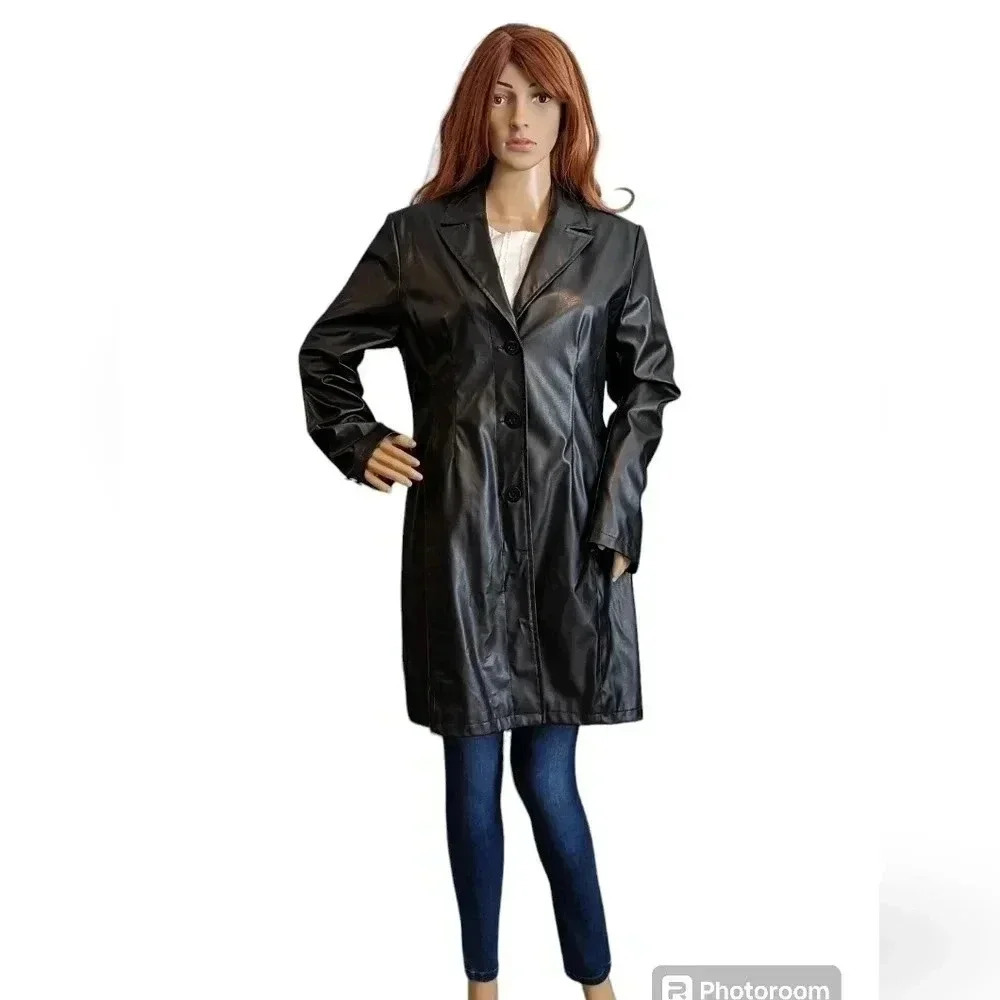 kathy ireland long black trench faux leather jacket